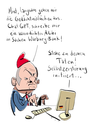 Cartoon: Alibi (medium) by F L O tagged scholz,schlumpf,alibi,ki,selbstzerstörung,scholz,schlumpf,alibi,ki,selbstzerstörung