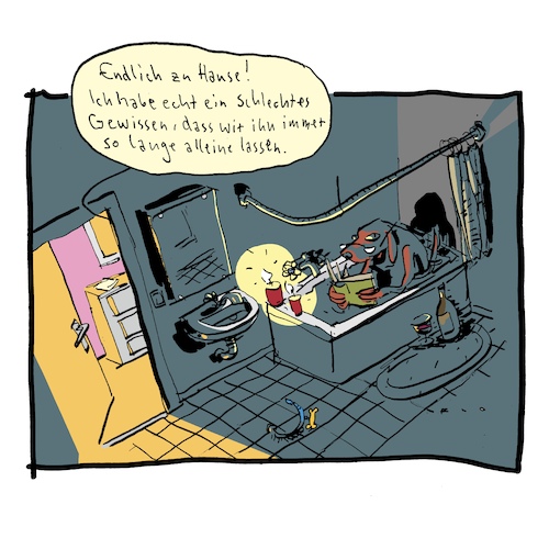 Cartoon: Allein zu Hause (medium) by F L O tagged hund,bad,haustier,alleingelassen,herrchen,frauchen,lesen,kerzenschein,hund,bad,haustier,alleingelassen,herrchen,frauchen,lesen,kerzenschein