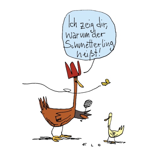 Cartoon: Schmetterling (medium) by F L O tagged schmetterling,tennis,huhn,kücken,sport,schläger,schmetterling,tennis,huhn,kücken,sport,schläger