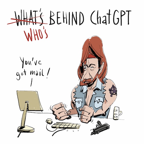 Cartoon: Who is behind ChatGPT (medium) by Floffiziell tagged chatgpt,ki,chuck,norris,computer,mail