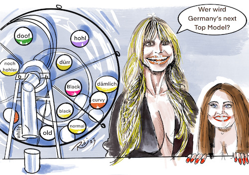 Cartoon: Germanys next Topmodell (medium) by Rudissketchbook tagged gntm,heidi,klum,pro7,fernsehen,models,catwalk,leni,klumstyling,harpers,bazar,influenzer,mode,schönheit,kampagne