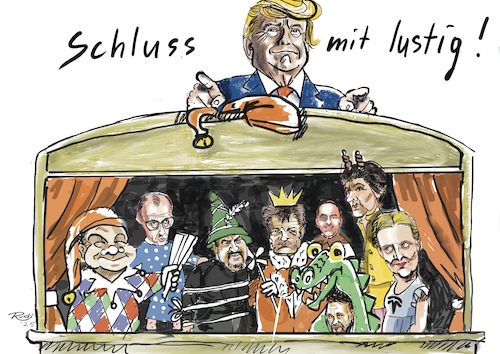 Cartoon: Schluss mit lustig! (medium) by Rudissketchbook tagged trump,präsident,usa,amtseinführung,amerika,first,klima,steuern,nato,kriege,executive,orders,wirtschaft,militär