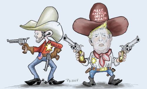 Cartoon: High Noon (medium) by SchmidtFineArt tagged trump,usa,russland,europa,politik,deutschland,demokratie,gesellschaft,eu,kriese,comic,regierung,karikatur,krieg,humor,cartoon,illustration,geld