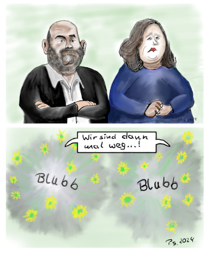 Cartoon: Rücktritt Nouripour u. Lang (medium) by SchmidtFineArt tagged grüne,diegrünen,wahlen,politik,rücktritt,nouripour,lang,parteien,deutschland,vorstand,wahlergebnis,cartoon,humor,karikatur,landtagswahl,wahl