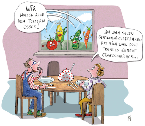 Cartoon: Neue Gentechnik (medium) by Rebecca-Meyer tagged gentechnik,crispr,genomediting,erbgut,technischen,durchbruch,immunantwort,von,bakterien,gegen,viren,editierten,produkten,gentechnisch,veränderte,pflanzen,biotechnologiemolekülkomplex,gemüse,bauer,synthetisch,biologie,naturschutz,supersorten,lobby,gentechnik,crispr,genomediting,erbgut,technischen,durchbruch,immunantwort,bakterien,gegen,viren,editierten,produkten,gentechnisch,veränderte,pflanzen,biotechnologiemolekülkomplex,gemüse,bauer,synthetisch,biologie,naturschutz,supersorten,lobby