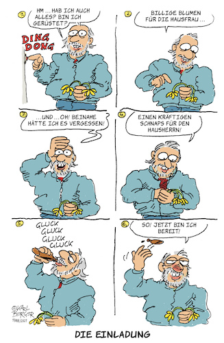 Cartoon: Die Einladung (medium) by Karl Berger tagged einladung,gast,schnaps,blumen,gastgeber,einladung,gast,schnaps,blumen,gastgeber,besuch,freund,bekannter,geschenk,mitbringsel