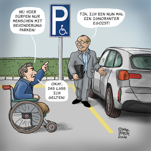 Cartoon: Inklusion (medium) by Karl Berger tagged inklusion,behinderung,parkplatz,ignoranz,inklusion,behinderung,parkplatz,ignoranz