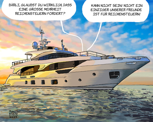 Cartoon: Reichensteuer (medium) by Karl Berger tagged vermögenssteuern,konzernsteuern,reichensteuern,yacht,milliardäre,rückverteilung