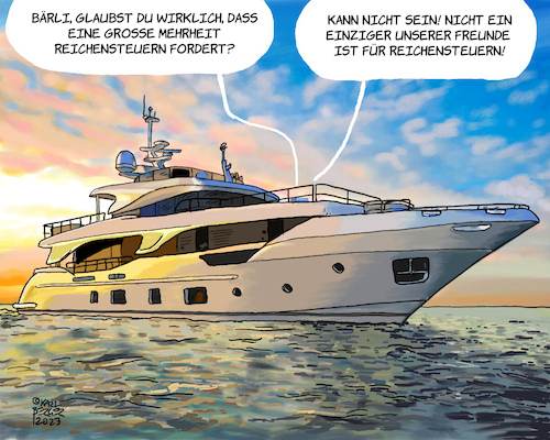 Cartoon: Reichensteuer (medium) by Karl Berger tagged vermögenssteuern,konzernsteuern,reichensteuern,yacht,milliardäre,rückverteilung,vermögenssteuern,konzernsteuern,reichensteuern,yacht,milliardäre,rückverteilung