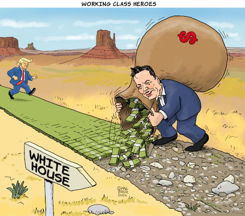 Cartoon: Working Class Heroes (medium) by Karl Berger tagged trump,musk,money,election,usa,whitehouse,trump,musk,money,election,usa,whitehouse