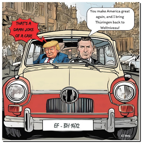 Cartoon: Abgefahrn! (medium) by A Human tagged deutschland,thüringen,landtagswahl,afd,bsw,cdu,spd,trump,höcke,koalitionen,wahlsieger,elections,germany,trabbi,trabant,faz,jena,erfurt,regierungsbildung,klimaschutz,rechtsradikal,weltniveau,cartoon,karikatur,deutschland,thüringen,landtagswahl,afd,bsw,cdu,spd,trump,höcke,koalitionen,wahlsieger,elections,germany,trabbi,trabant,faz,jena,erfurt,regierungsbildung,klimaschutz,rechtsradikal