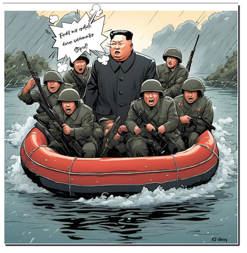Cartoon: Der Schlauchboot-Despot (medium) by A Human tagged nordkorea,kim,hochwasser,schlauchboot,politik,katastrophenschutz