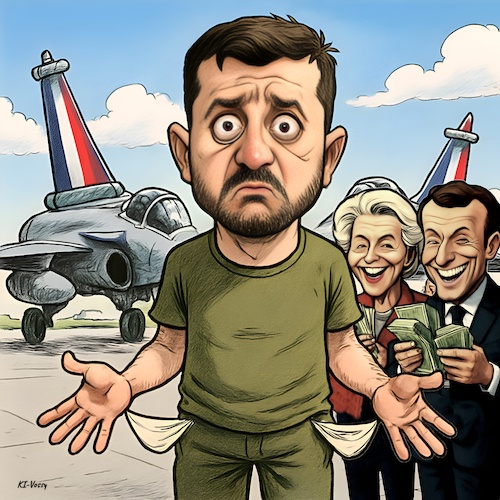 Cartoon: Empty pockets (medium) by KI-Vossy tagged ukraine,war,russia,fighter,rafale,air,force,zelensky,paris,france,macron,leyen,eu,europäische,union,europe,european,memorandum,purchase,jet,jets,kampfjet,kampsjets,russland,putin,luftwaffe,aufrüstung,aufrüsten,selenskyi,frankreich,kampfflugzeug,kampfflugzeuge,ukraine,war,russia,fighter,rafale,air,force,zelensky,paris,france,macron,leyen,eu,europäische,union,europe,european,memorandum,purchase,jet,jets,kampfjet,kampsjets,russland,putin,luftwaffe,aufrüstung,aufrüsten,selenskyi,frankreich,kampfflugzeug,kampfflugzeuge