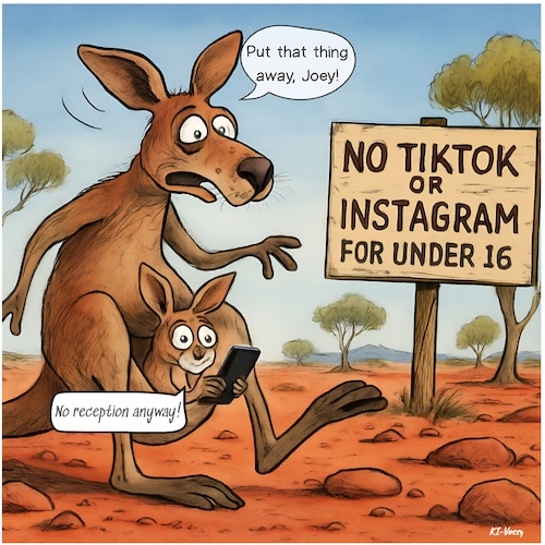 Cartoon: Social Hopping (medium) by KI-Vossy tagged australien,australia,social,media,account,platform,government,tiktok,snapchat,instagram,facebook,threads,youtube,twitch,reddit,kick,parents,kids,children,youth,jugendliche,alterssperre,outback,australien,australia,social,media,account,platform,government,tiktok,snapchat,instagram,facebook,threads,youtube,twitch,reddit,kick,parents,kids,children,youth,jugendliche,alterssperre