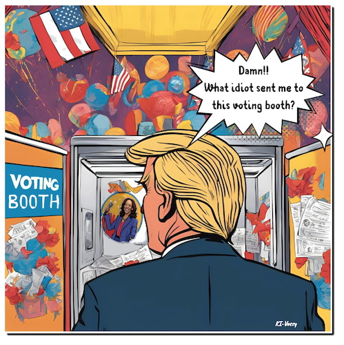 Cartoon: Missing vote (medium) by A Human tagged usa,trump,harris,kamala,donald,wahlen,elections,president,präsident,stimme,vote,wahlbetrug,fraud,bunker,golf,campaign,americans,amerikaner,ballot,states,usa,trump,harris,kamala,donald,wahlen,elections,president,präsident,stimme,vote,wahlbetrug,fraud,bunker,golf,campaign,americans,amerikaner,ballot,states