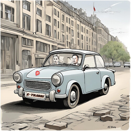 Cartoon: Modell T (medium) by A Human tagged trump,tesla,berlin,köpenick,elektro,elektrowagen,wagen,auto,eauto,forschung,antrieb,autos,deutschland,eautos,byd,elektrobauer,trabbi,elon,alice,weidel,afd,trump,tesla,berlin,köpenick,elektro,elektrowagen,wagen,auto,eauto,forschung,antrieb,autos,deutschland,eautos,byd,elektrobauer,trabbi