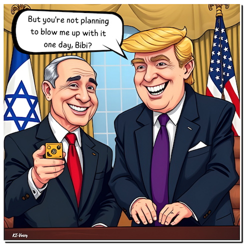 Cartoon: Paging Mr. President (medium) by A Human tagged netanyahu,trump,israel,usa,washington,lebanon,gift,pager,iran,terrorist,hezbollah,bibi,donnie,netanyahu,trump,israel,usa,washington,lebanon,gift,pager,iran,terrorist,hezbollah