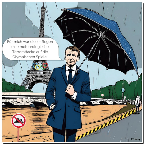 Cartoon: Pariser Fehlstart (medium) by A Human tagged olympia,paris,wetter,regen,macron,triathlon,schwimmen,seine,wasserqualität