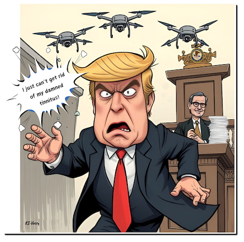 Cartoon: Trumps Tinnitus (medium) by A Human tagged trump,usa,merchan,tinnitus,president,präsident,justiz,drohnen,drohnengeräusche,schweigegeld,mafia,straftäter,prozess,golf,golfclub,bedminster,trump,usa,merchan,tinnitus,president,präsident,justiz,drohnen,drohnengeräusche,schweigegeld,mafia,straftäter,prozess,golf,golfclub,bedminster