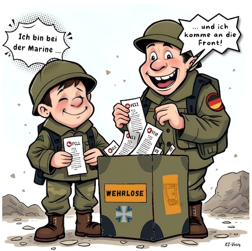 Cartoon: Wehrlos (medium) by A Human tagged wehrdienst,ersatzdienst,soldat,soldaten,bundeswehr,verteidigungsminister,krieg,frieden,lotteries,wehrlose,bundeswehrlos,pistorius,koaltion,regierung,cdu,spd,csu,söder,musterung,losentscheid,losen,los,lose,militär,verteidigung,marine,front,losverfahren,wehrdienst,ersatzdienst,soldat,soldaten,bundeswehr,verteidigungsminister,krieg,frieden,lotteries,wehrlose,bundeswehrlos,pistorius,koaltion,regierung,cdu,spd,csu,söder,musterung,losentscheid,losen,los,lose,militär,verteidigung,marine,front,bundesmarine,luftwaffe,wehren,wehrübung