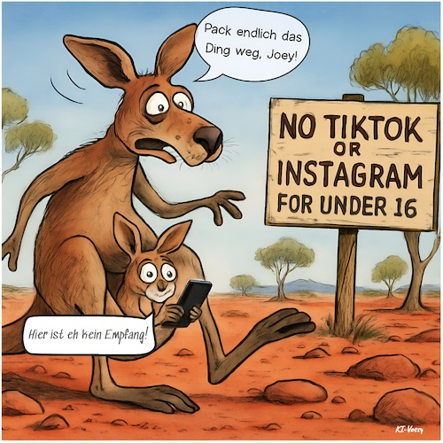 Cartoon: Social Hopping (medium) by KI-Vossy tagged australien,australia,social,media,account,platform,government,tiktok,snapchat,instagram,facebook,threads,youtube,twitch,reddit,kick,parents,kids,children,youth,jugendliche,alterssperre,outback,australien,australia,social,media,account,platform,government,tiktok,snapchat,instagram,facebook,threads,youtube,twitch,reddit,kick,parents,kids,children,youth,jugendliche,alterssperre