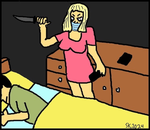 Cartoon: Psycho-Mädchen... (medium) by Kruscha1978 tagged mädchen,frau,mann,schlafen,nacht,angst,attacke,heimtücke,angriff,horror,mord