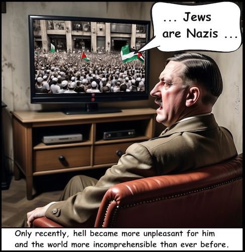 Cartoon: A.H. - That is Hell for him (medium) by ArtyFicial tagged adolf,hitler,demonstrations,pro,palestine,anti,israel,left,right,jews,nazis