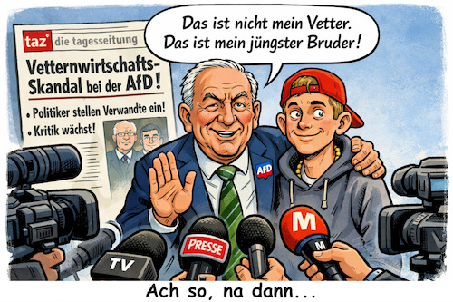 Cartoon: Alles halb so schlimm... (medium) by ArtyFicial tagged afd,vetternwirtschaft,verwandte,freunde,über,kreuz,anstellungen,begünstigungen,legal,fragwürdig,gschmäckle,altparteien