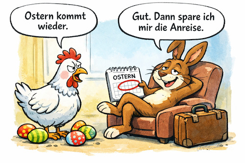 Cartoon: Bequemlichkeit (medium) by ArtyFicial tagged henne,hase,osterhase,ei,eier,ostern