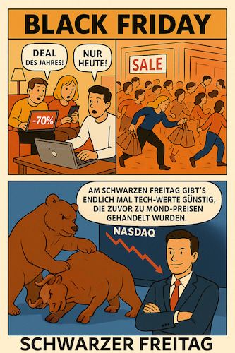 Cartoon: Black Friday - Schwarzer Freitag (medium) by ArtyFicial tagged börse,black,friday,schwarzer,freitag,kurse,indizes,indices,kursrutsch,kursverlauf,konsum,märkte,bulle,bär