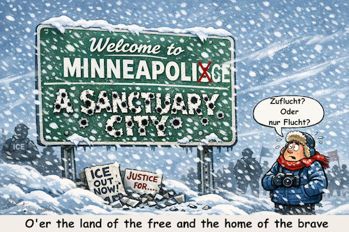 Cartoon: En Avant (medium) by ArtyFicial tagged usa,trump,ice,verhaftungen,polizei,police,minneapolis,januar,january,2026,flucht,zuflucht,sanctuary,city,brutalität,übergriffe,konflikte,bürger,proteste,gewalt,staatsstreich