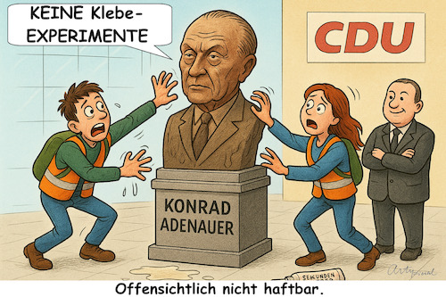Cartoon: Kleblich gescheitert (medium) by ArtyFicial tagged cdu,zentrale,bund,adenauer,büste,kleben,kleber,klima,klimaaktivisten,lobby,lobbykontakte,wirtschaftskontakte,merz,bundeskanlzer,vorsitzender,kleister,gescheitert