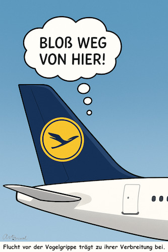 Cartoon: Lieber nen Abflug machen? (medium) by ArtyFicial tagged vogelgrippe,kranich,brandenburg,deutschland,wildvögel,zugvögel,zuchtvögel,geflügel,logo,blau,gelb