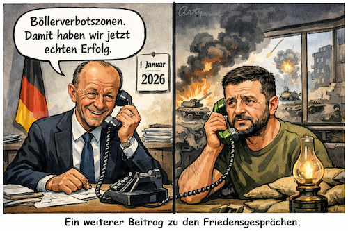 Cartoon: Neujahrstelefonat (medium) by ArtyFicial tagged eu,deutschland,merz,bundeskanzler,kanzler,böller,böllerverbot,böllerverbotszonen,silvester,erfahrungen,friedensgespräche,frieden,ideen,ukraine,präsident,selenskyj,russland,putin,krieg
