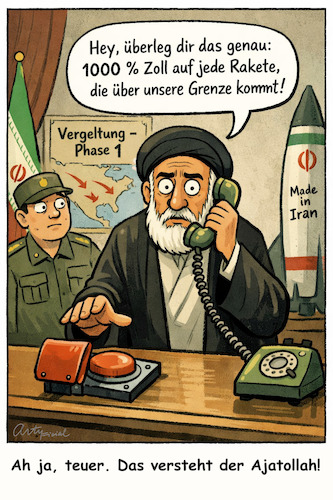 Cartoon: Teure Vergeltung (medium) by ArtyFicial tagged usa,iran,krieg,konflikt,präsident,president,potus,trump,chaminei,zölle,raketen,vergeltung,rückschlag,präventivschlag