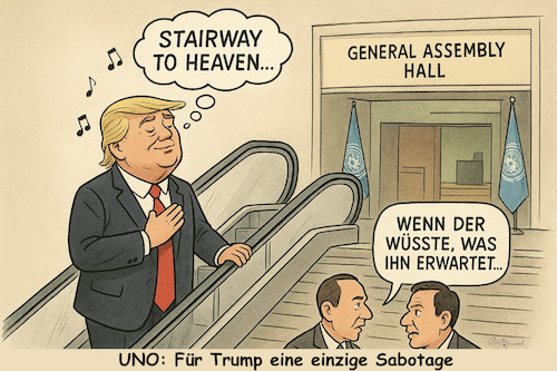 Cartoon: Verschwörungstheorie (medium) by ArtyFicial tagged usa,trump,rede,generalversammlung,uno,un,rolltreppe,sabotage,verschwörung,prompter,teleprompter