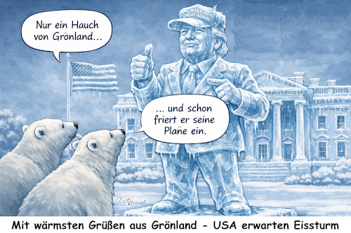Cartoon: Winter Wonderland (medium) by ArtyFicial tagged usa,grönland,trump,eissturm,wetterlaunen,eisbären,white,house,weißes,haus,annektion,besetzung,kauf,gruß,warm,kalt,meteorologie,klima
