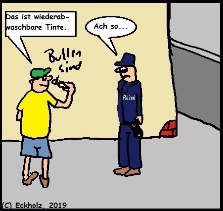 Cartoon: Ach so... (medium) by Schnauzevoll tagged jugend,graffittyschmiereien,tinte,jugendlicher,polizist,frechheit,unverschämtheit,schmierereien,respektlosigkeit,gesellschaft,erziehung