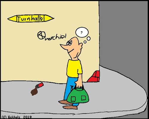 Cartoon: Wegweiser... (medium) by Schnauzevoll tagged verwirrung,wegweiser,turnhalle,mann,sport,gesellschaft,irreführung,ziellosigkeit