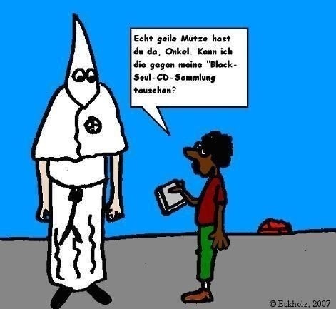 Cartoon: Geile Mütze... (medium) by SMK tagged blacksoul,musik,jugend,ku,klux,klan,rassismus,antirassismus,mütze,tausch,kind,mann,schwarze,weiße,gesellschaft,hass,kultur