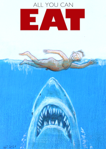 Cartoon: All you can eat - Jaws-Parodie (medium) by ugli tagged jaws,parodie,all,you,can,eat,der,weiße,hai,spielberg,hommage,hollywood,horrorfilm,abenteuer,monster,klassiker,satire
