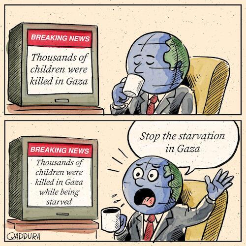 Cartoon: Starvation Spoke Louder than Dea (medium) by Ahmad Qaddura tagged gaza
