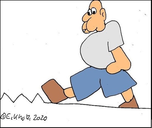 Cartoon: Ohne Worte (medium) by Kritzelchaot tagged mann,zickzacklinie,ebenheit,plattfuss,übergewicht,schwerfälligkeit,schwergewicht