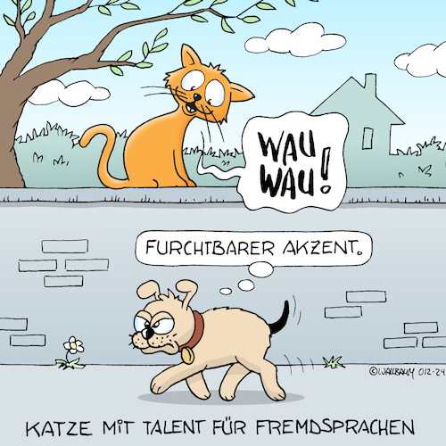 Cartoon: Fremdsprachentalent (medium) by Rovey tagged katze,kater,hund,haustiere,sprache,sprechen,fremdsprache,verständigung,kommunikation,akzent,aussprache,wauwau,weg,gehweg,mauer,begegnung,gegensätze,cartoon,illustration,katze,kater,hund,haustiere,sprache,sprechen,fremdsprache,verständigung,kommunikation,akzent,aussprache,wauwau,weg,gehweg,mauer,begegnung,gegensätze,cartoon,illustration