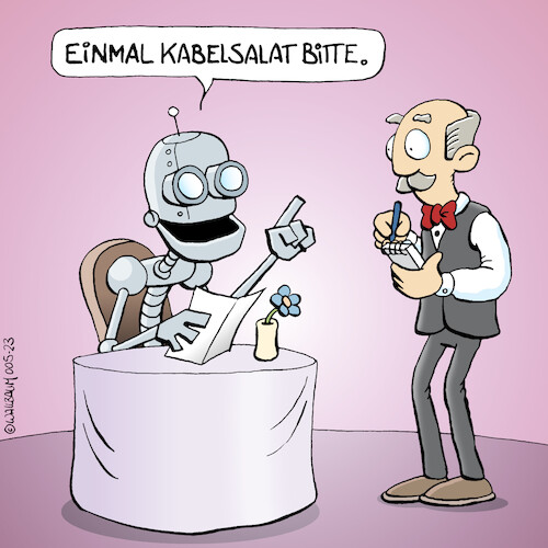 Cartoon: Roboter-Dinner (medium) by Rovey tagged roboter,restaurant,gastronomie,lokal,bestellung,ki,ai,kellner,mahlzeit,essen,kabelsalat,recycling,maschine,künstliche,intelligenz,speisekarte,dinner,roboter,restaurant,gastronomie,lokal,bestellung,ki,ai,kellner,mahlzeit,essen,kabelsalat,recycling,maschine,künstliche,intelligenz,speisekarte,dinner