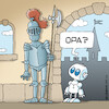 Cartoon: Wenn KI mal Fragen stellt (small) by Rovey tagged ritter,rittersmann,ritterrüstung,krieger,rüstung,roboter,klein,miniroboter,ki,ai,künstliche,intelligenz,ritterburg,burg,alt,historisch,gemäuer,mittelalter,festung,herkunft,frage,zweifel,bewusstsein,science,fictiion,vergangenheit,geschichte,zukunft,future,robot,comedy,tech,humor,digital,cartoon,illustration