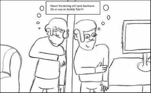 Cartoon: Verdächtig still beim Nachbarn.. (medium) by Wutkritzler78 tagged einsamkeit,nachbar,misstrauen,gesellschaft,lauschen,paranoia,psychologie,psychiatrie,männer,stadtalltag