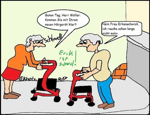 Cartoon: Das neue Hörgerät... (medium) by Stiftquäler78 tagged hörgerät,schwerhörigkeit,hörverlust,schallempfindungsstörung,mann,frau,oma,opa,rentner,senioren