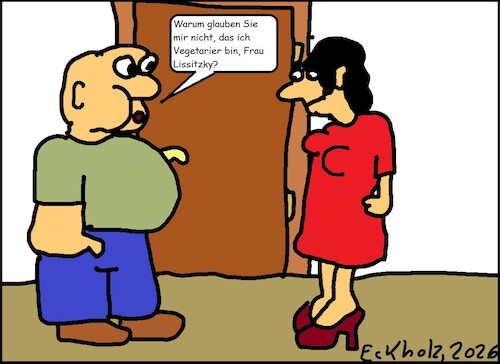 Cartoon: Zweifel... (medium) by Moppel tagged übergewicht,zweifel,mann,frau,skepsis,geselschaft,vegetarier,ernährung,fettleibigkeit,adipositas