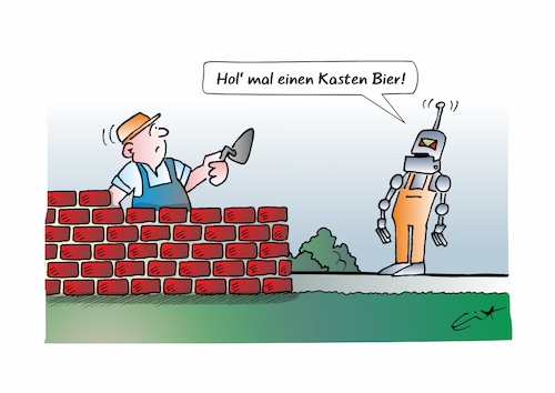 Cartoon: Befehl vom Roboter (medium) by Bernd Eisert tagged maurer,arbeit,roboter,kasten,bier,befehl,maurer,arbeit,roboter,kasten,bier,befehl